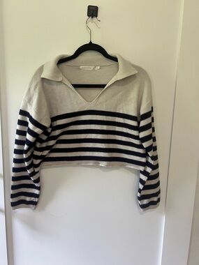 Altar’d State Cropped Collared Stripe Sweater in Cream & Navy